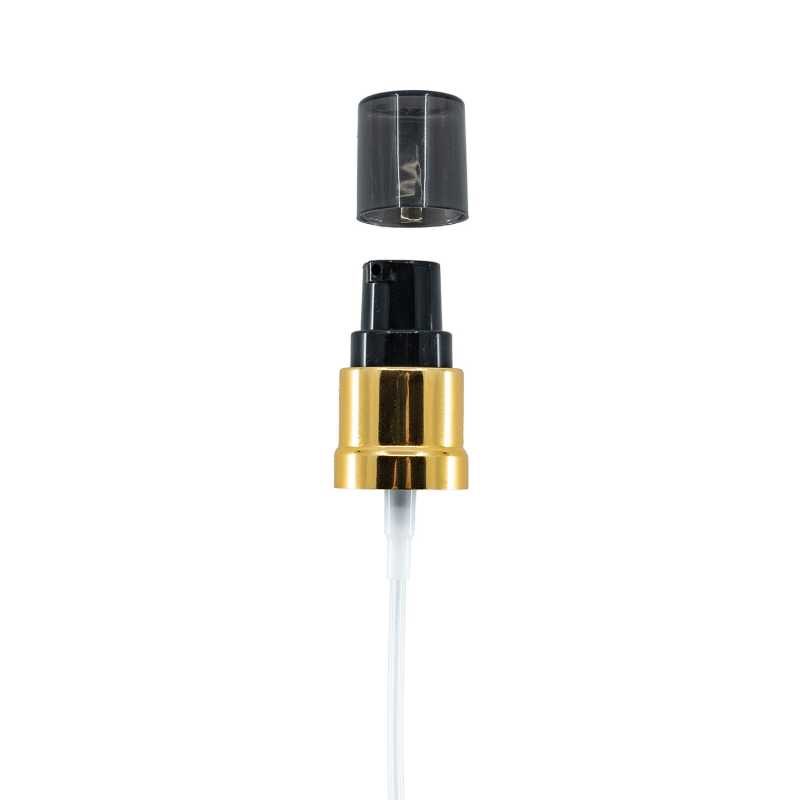 Kunststoffpumpe, schwarz-gold glänzend, rauchfarbene Überkappe, 18/415