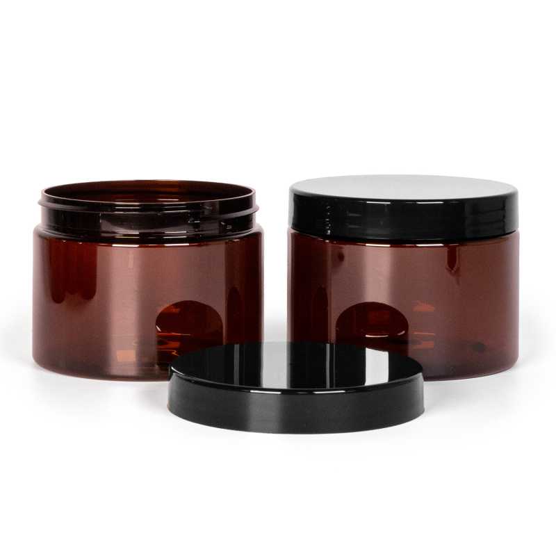 Bernsteinfarbenes Plastikgefäß, schwarzer Deckel, 500 ml