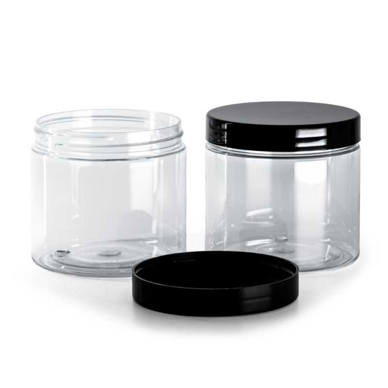 Transparentes Kunststoffgefäß, schwarzer Deckel 200 ml