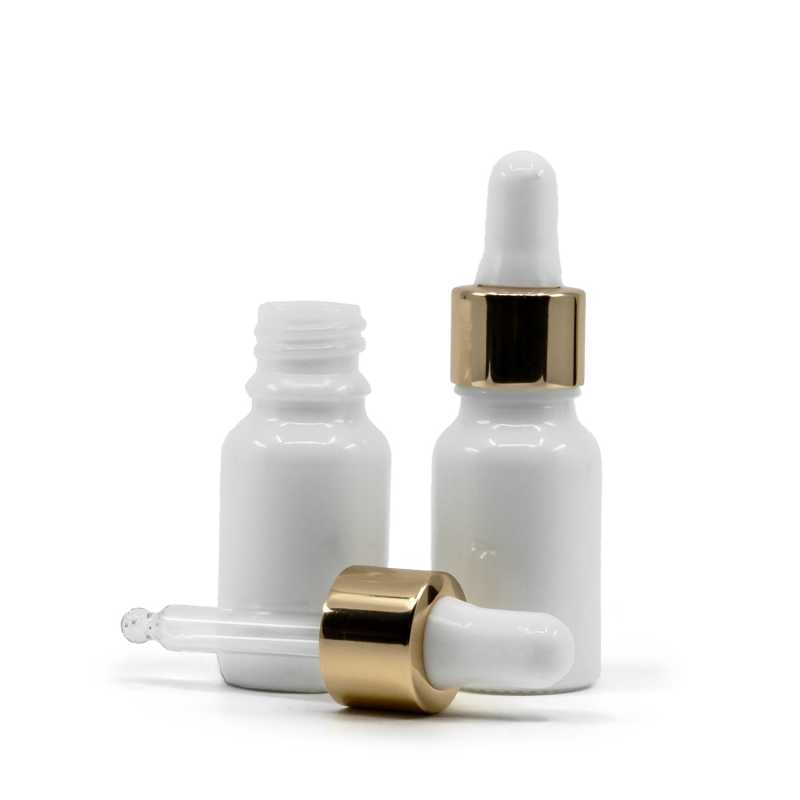 Weißes Glasfläschchen, gold-weißer Tropfenzähler, 10 ml