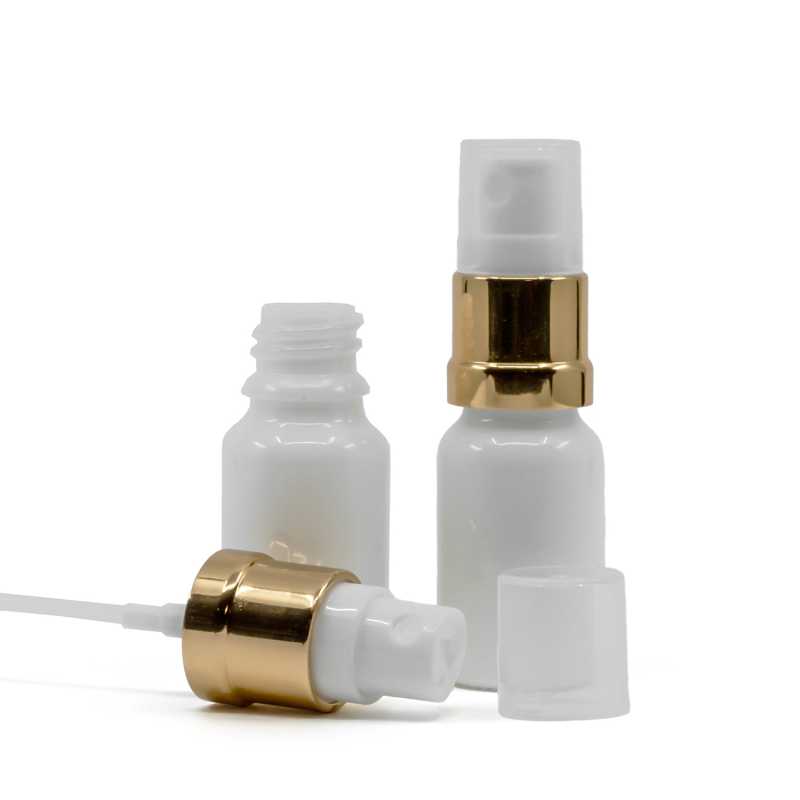 Weißes Glasfläschchen, glänzend goldweißes Spray, 10 ml