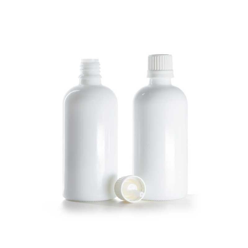 Weißglasflasche, weißer Originalitätsverschluss und Tropfer, 100 ml