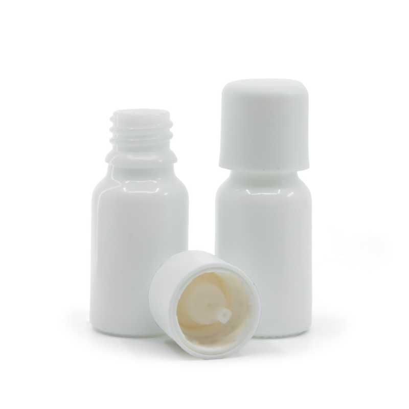 Weißes Glasfläschchen, weiße Sicherheitskappe und Tropfer, 10 ml