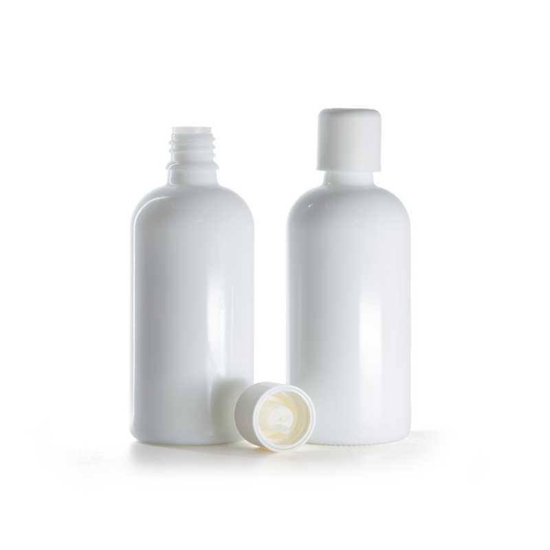 Weißes Glasfläschchen, weißer Sicherheitsverschluss und Tropfer, 100 ml  