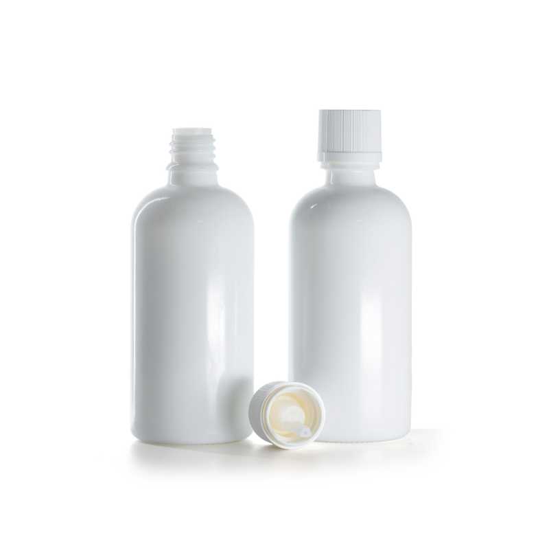 Weißes Glasfläschchen, weiße Sicherheitsverschlusskappe und Tropfer, 100 ml  