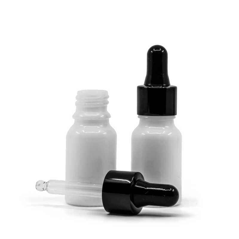 Weißes Glasfläschchen, schwarz glänzender Tropfer, 10 ml