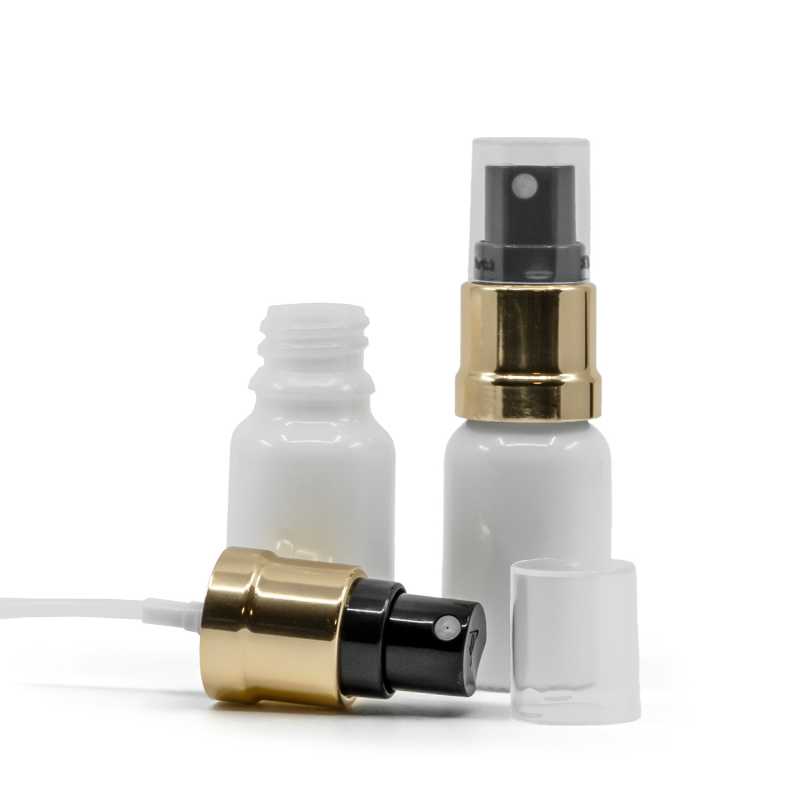 Weißes Glasfläschchen, glänzend gold-schwarzes Spray, 10 ml