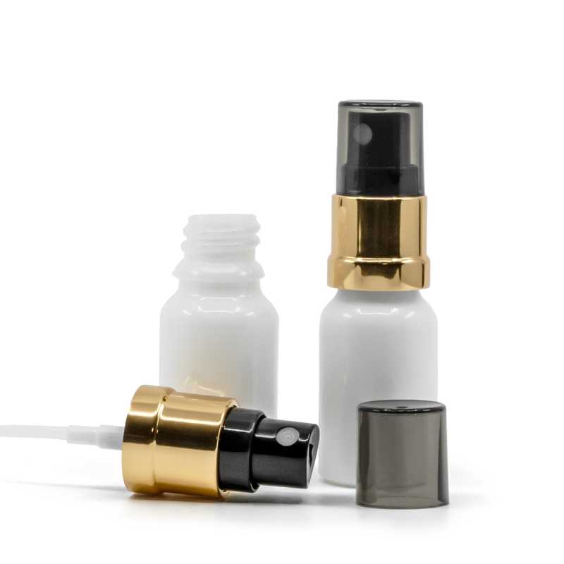 Weiße Glasflasche, schwarz-goldener Sprühkopf, Rauchkappe, 10 ml