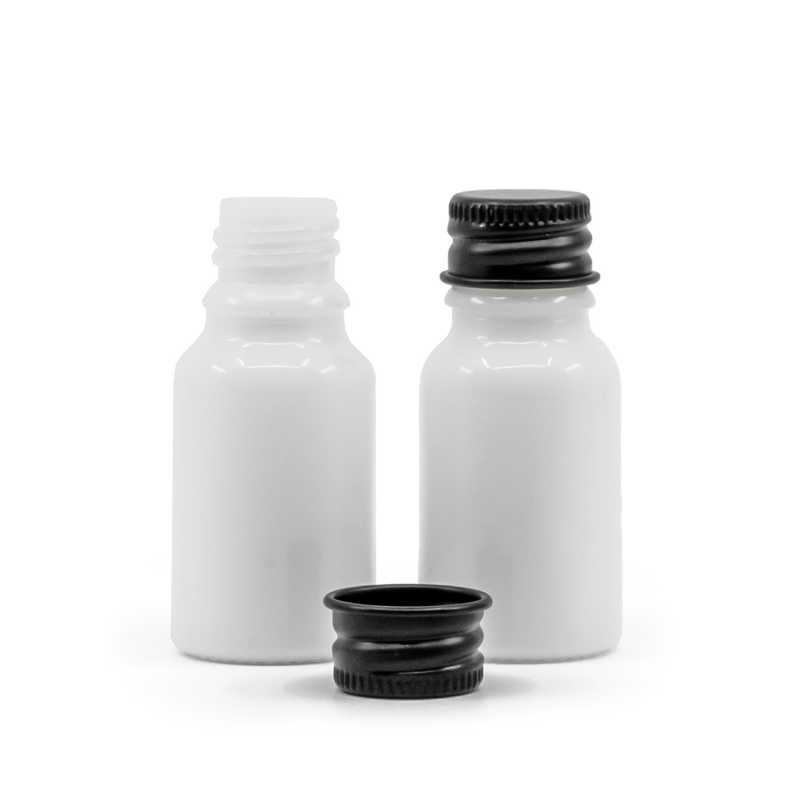Weißglasflasche, schwarzer Aluminiumdeckel, 10 ml