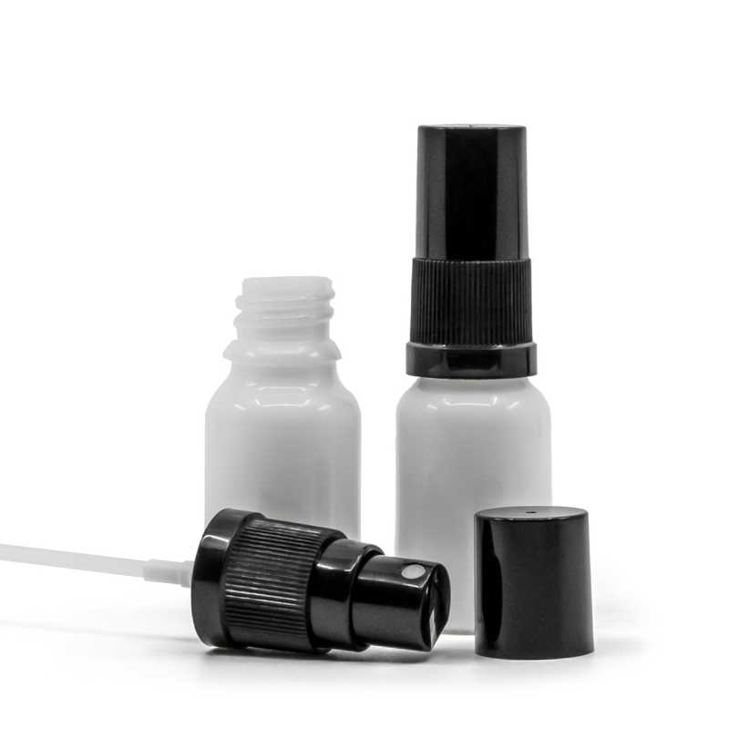 Weißes Glasfläschchen, schwarzer Feinzerstäuber, schwarzer Überkappe, 10 ml