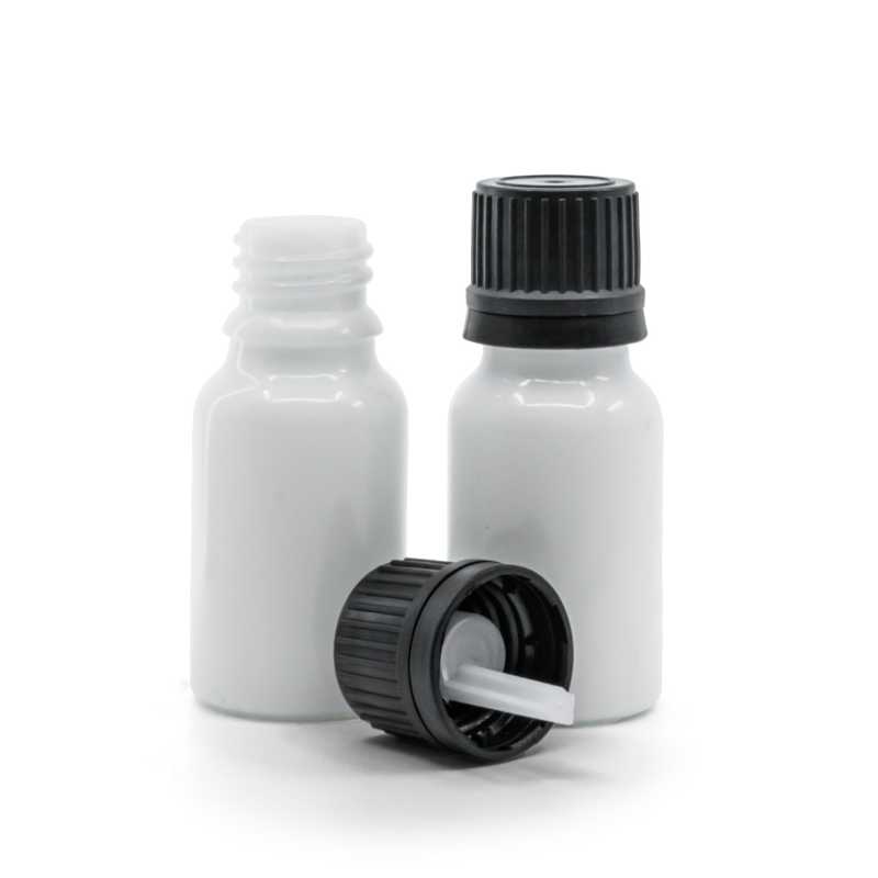 Weißes Glasfläschchen, schwarze Kappe und Tropfer 10 ml