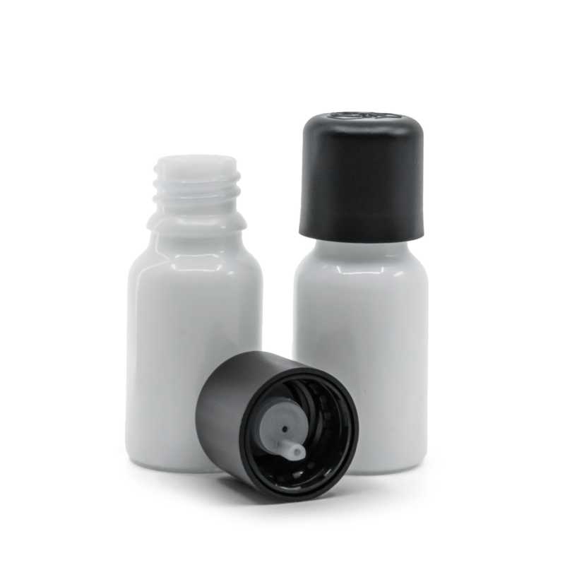 Weißes Glasfläschchen, schwarze Sicherheitsverschlusskappe und Tropfer 10 ml