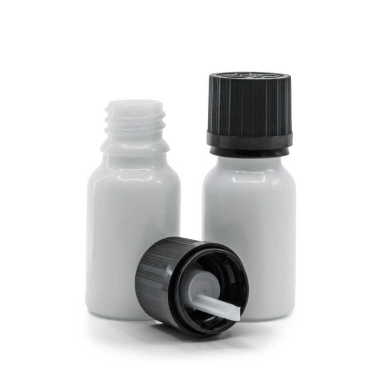 Weißes Glasfläschchen, schwarze Sicherheitskappe und Tropfer 10 ml