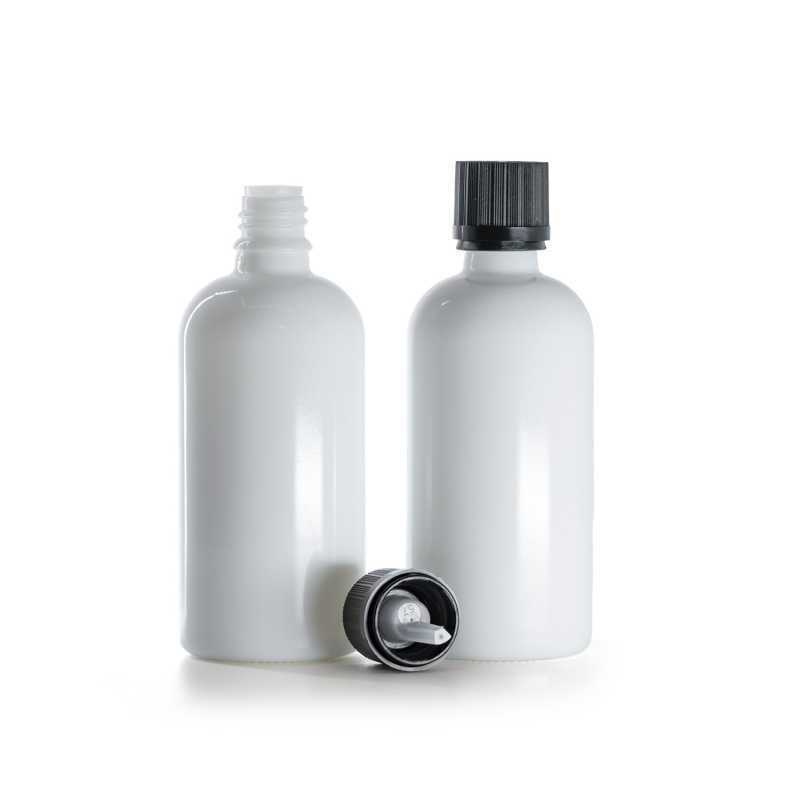 Weißes Glasfläschchen, schwarzer Sicherheitsverschluss und Tropfer, 100 ml