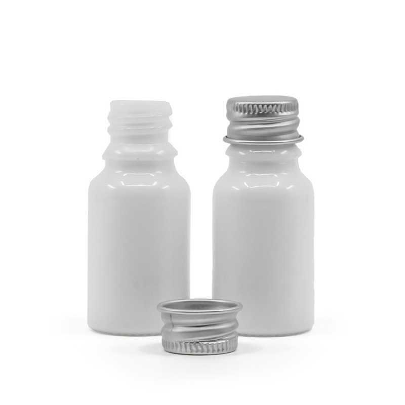 Weißglasflasche, silberne Aluminiumkappe, 10 ml