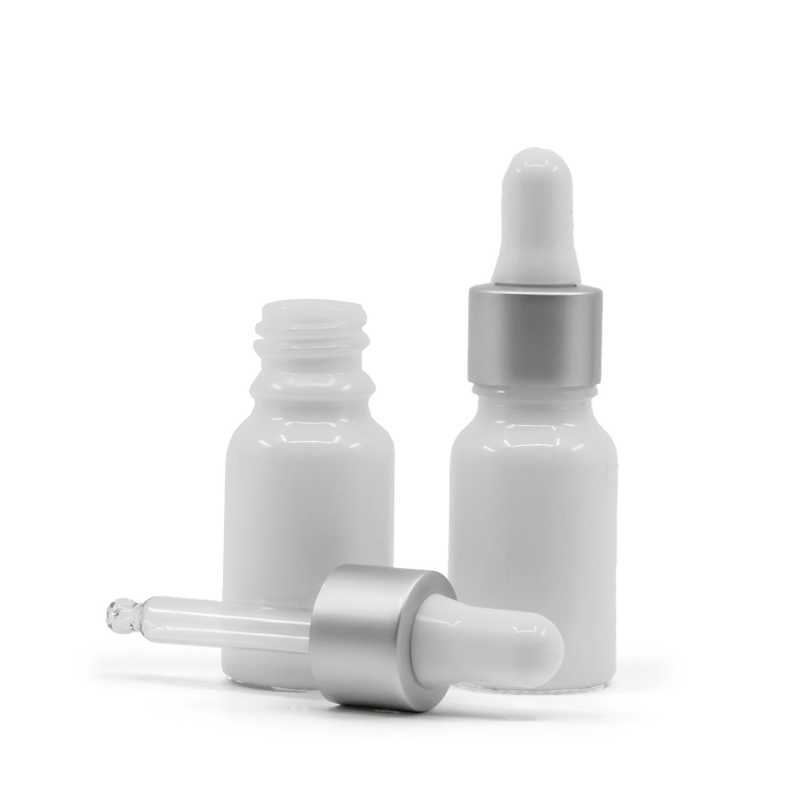 Weißes Glasfläschchen, mattsilberne weiße Pipette, 10 ml