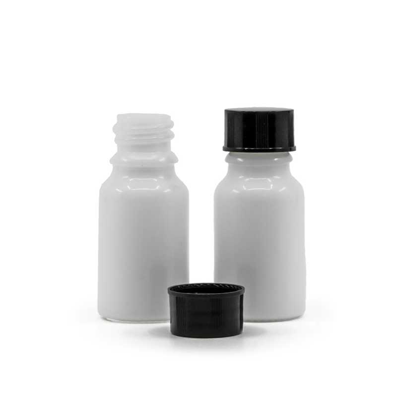Weißglasflasche, schwarzer Verschluss, 10 ml