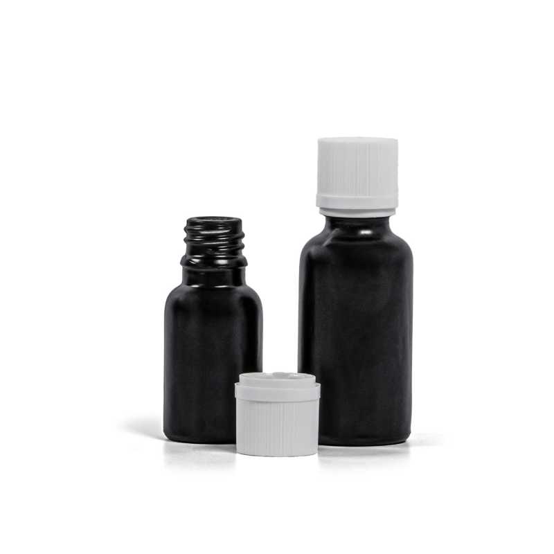 Mattschwarze Glasflasche, weiße Sicherheitsverschlusskappe und Tropfer, 30 ml