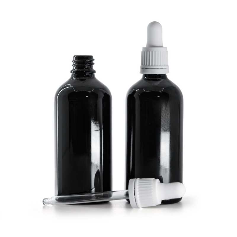 Glänzend schwarze Glasflasche, weißer Originalitätssicherungstropfer, 100 ml