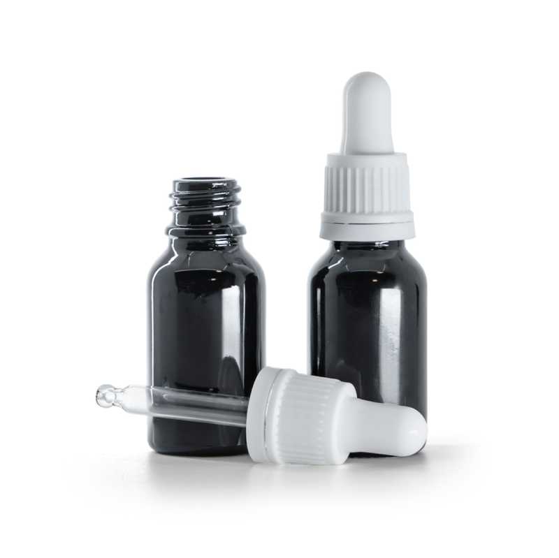 Glänzend schwarze Glasflasche, weiße Pipette, 15 ml