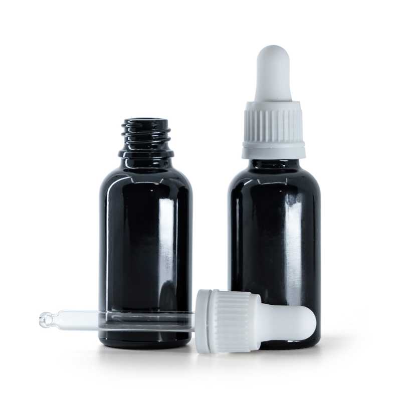 Schwarz glänzende Glasflasche, weißer Tropfer, 30 ml