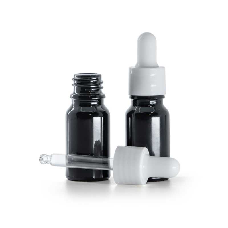 Glänzend schwarze Glasflasche, glänzend weiße Pipette, 10 ml
