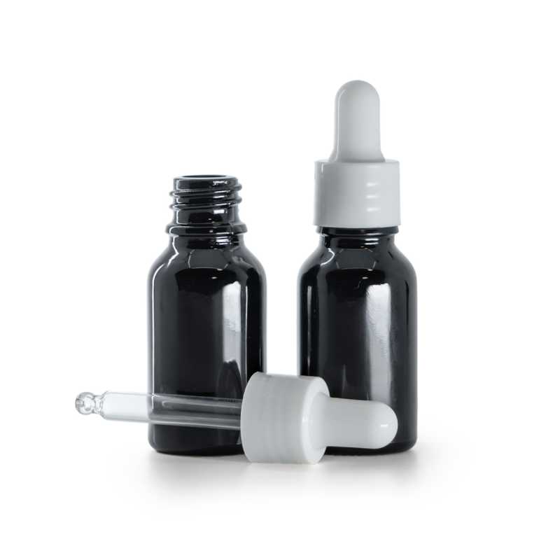 Glänzend schwarze Glasflasche, glänzend weiße Pipette, 15 ml
