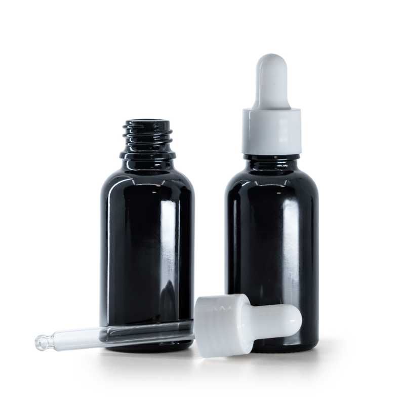 Glänzend schwarze Glasflasche, glänzender weißer Tropfenzähler, 30 ml