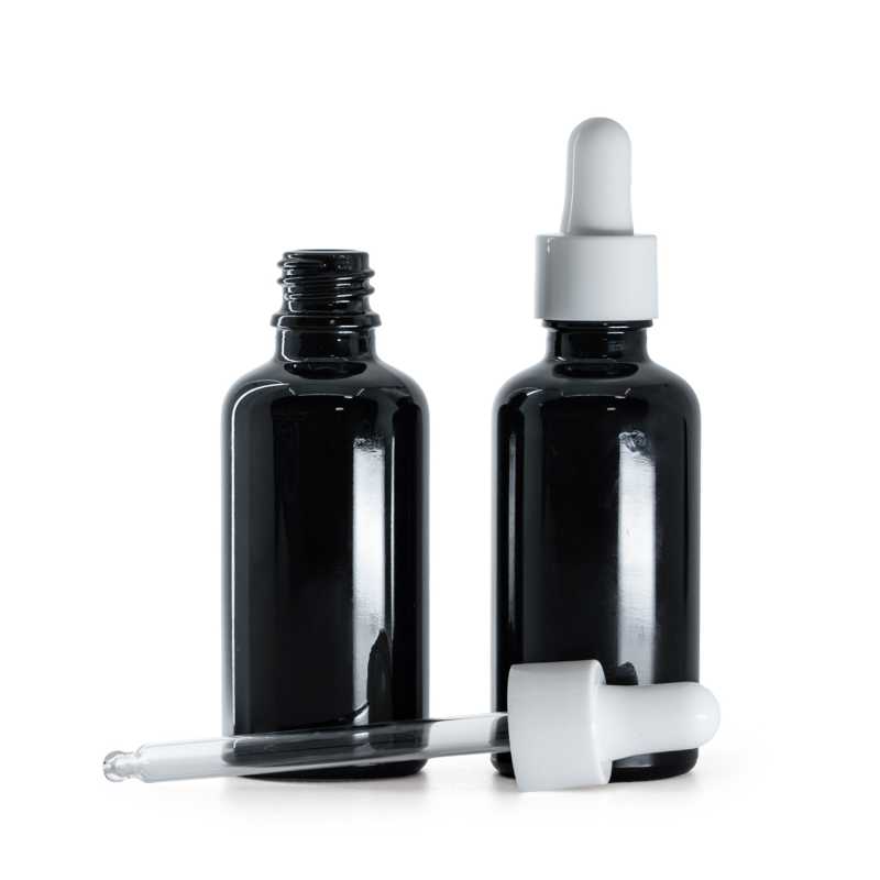 Glänzend schwarze Glasflasche, glänzender weißer Tropfenzähler, 50 ml