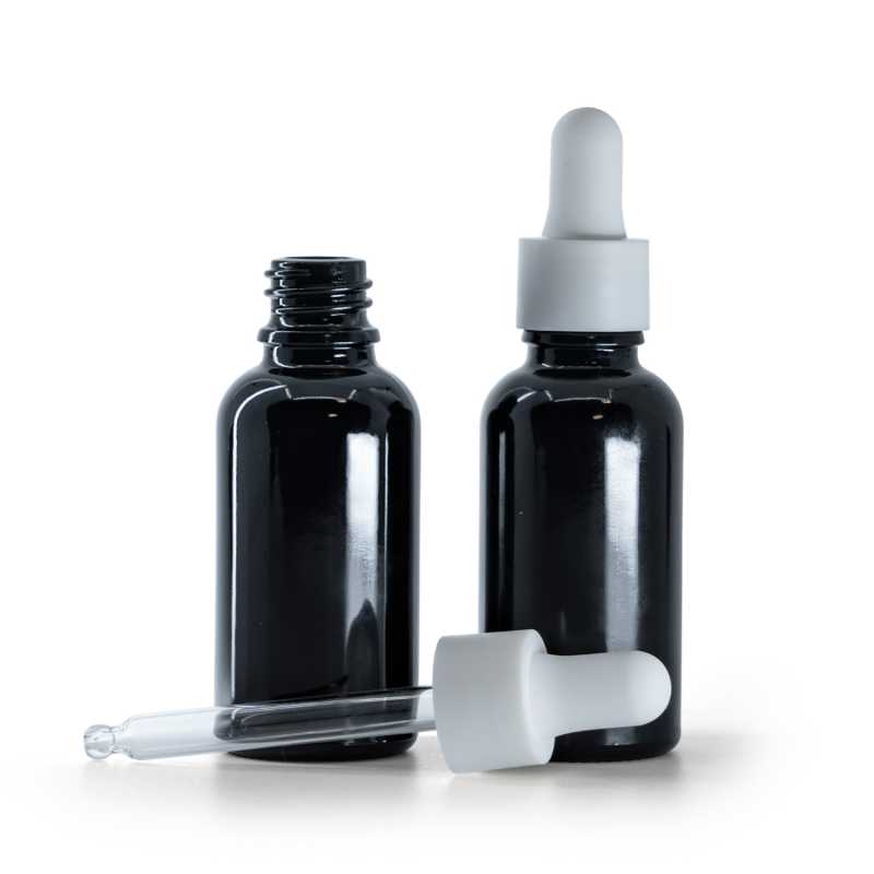 Glänzend schwarze Glasflasche, weißer mattierter glatter Tropfer, 30 ml