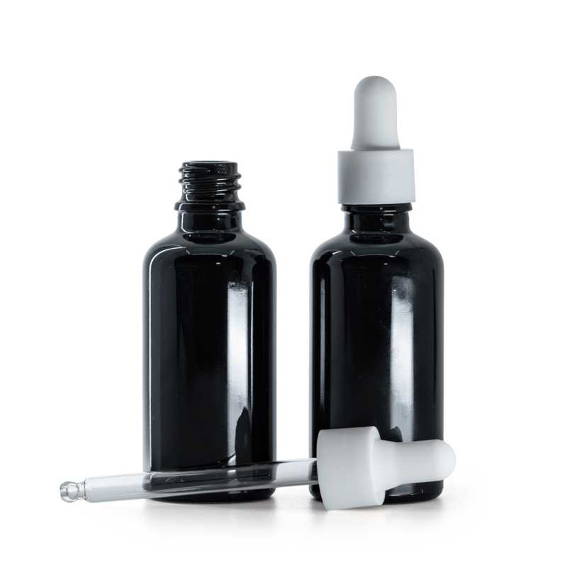 Glänzend schwarze Glasflasche, weißer, mattierter Tropfer, 50 ml