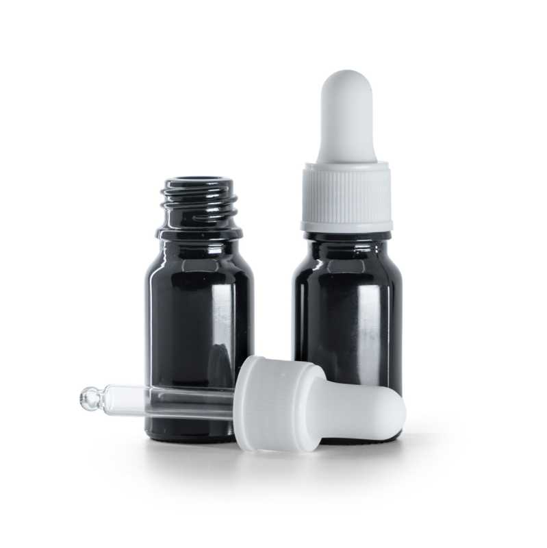 Schwarz glänzende Glasflasche, mattweißer Tropfer, 10 ml