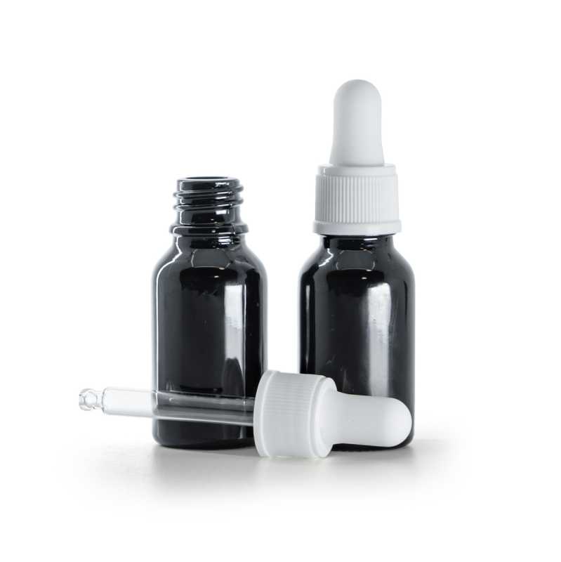 Schwarz glänzende Glasflasche, mattweißer Tropfer, 15 ml