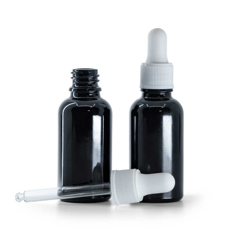 Schwarz glänzende Glasflasche, mattweißer Tropfer, 30 ml