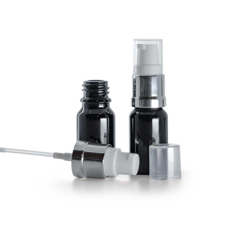  Glänzend schwarze Glasflasche, glänzend silberweiße Pumpe, 10 ml
