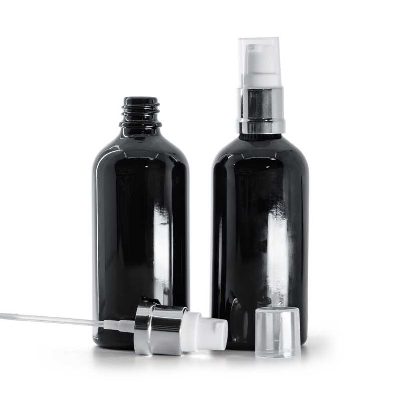  Glänzend schwarze Glasflasche, glänzend silberweiße Pumpe, 100 ml