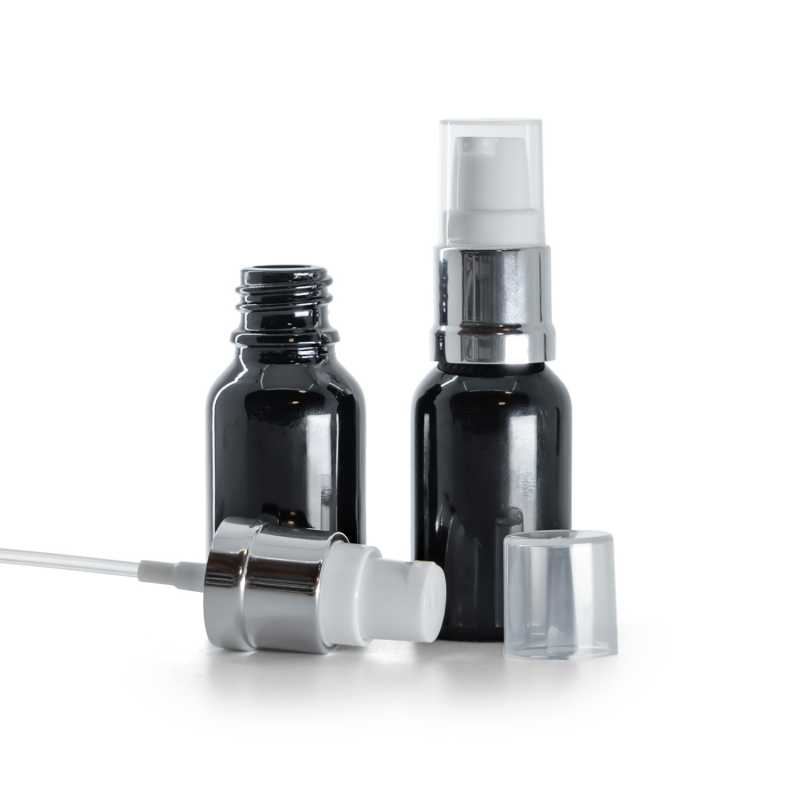  Glänzend schwarze Glasflasche, glänzend silberweiße Pumpe, 15 ml