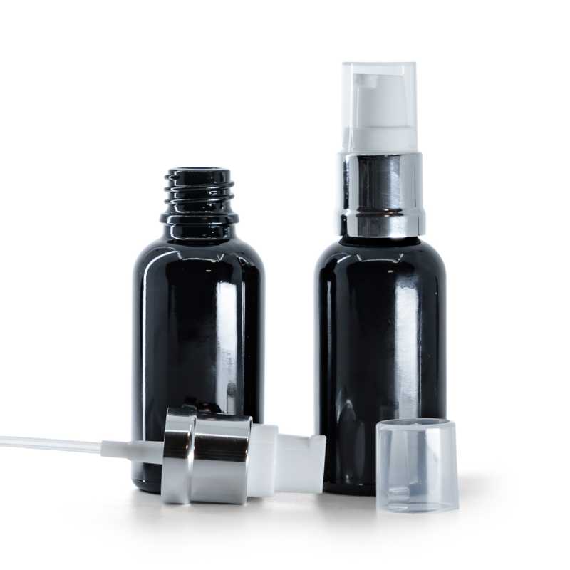  Glänzend schwarze Glasflasche, glänzend silberweiße Pumpe, 30 ml