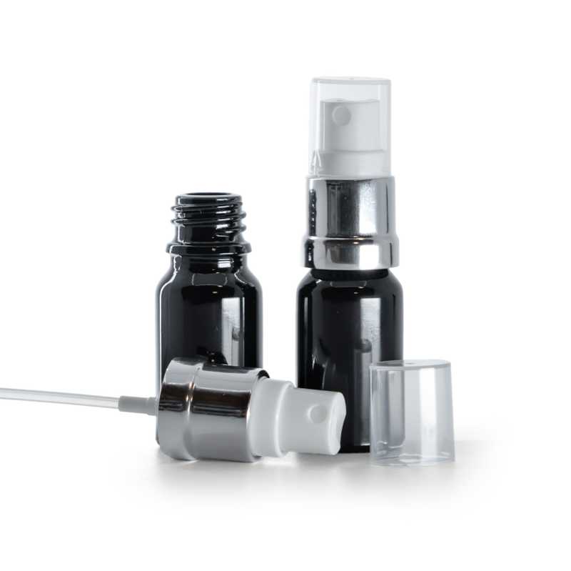 Glänzend schwarze Glasflasche, glänzend silberweißes Spray, 10 ml