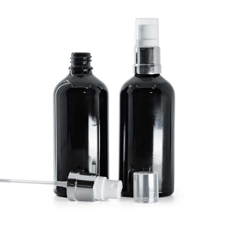 Glänzend schwarze Glasflasche, glänzend silberweißes Spray, 100 ml