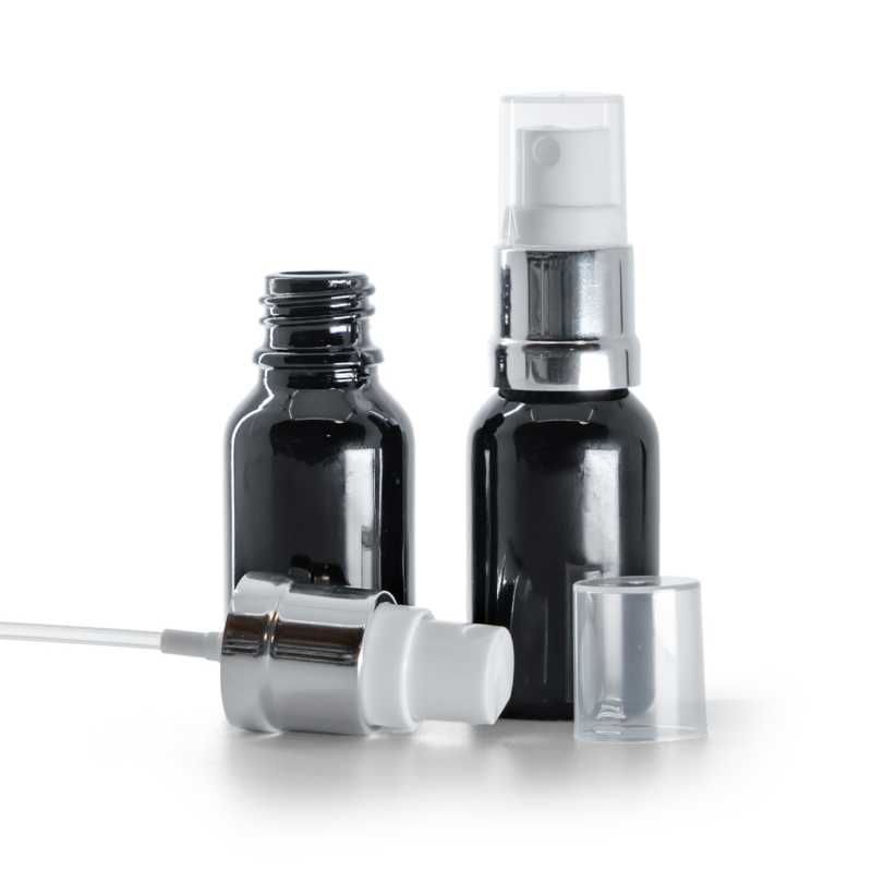Glänzend schwarze Glasflasche, glänzend silberweißes Spray, 15 ml