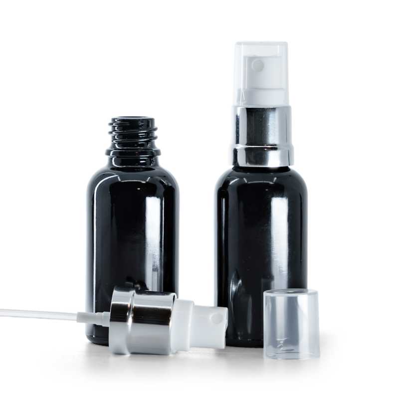 Glänzend schwarze Glasflasche, glänzend silberweißes Spray, 30 ml