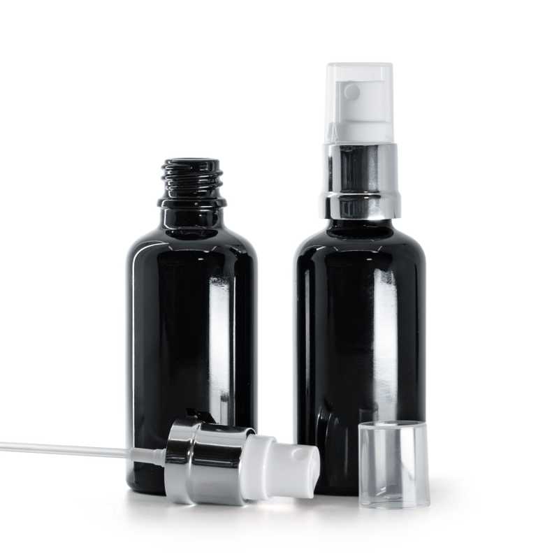 Glänzend schwarze Glasflasche, glänzend silberweißes Spray, 50 ml
