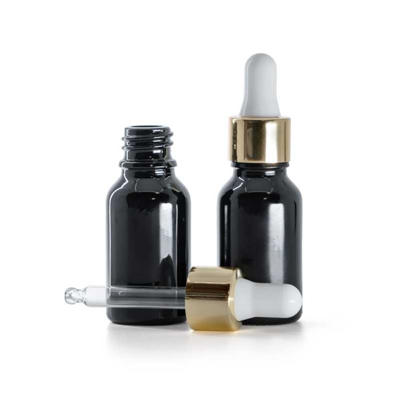 Schwarz glänzende Glasflasche, gold-weißer Tropfer, 15 ml