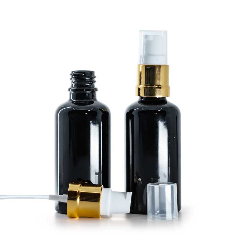  Glänzende schwarze Glasflasche, glänzende goldweiße Pumpe, 50 ml