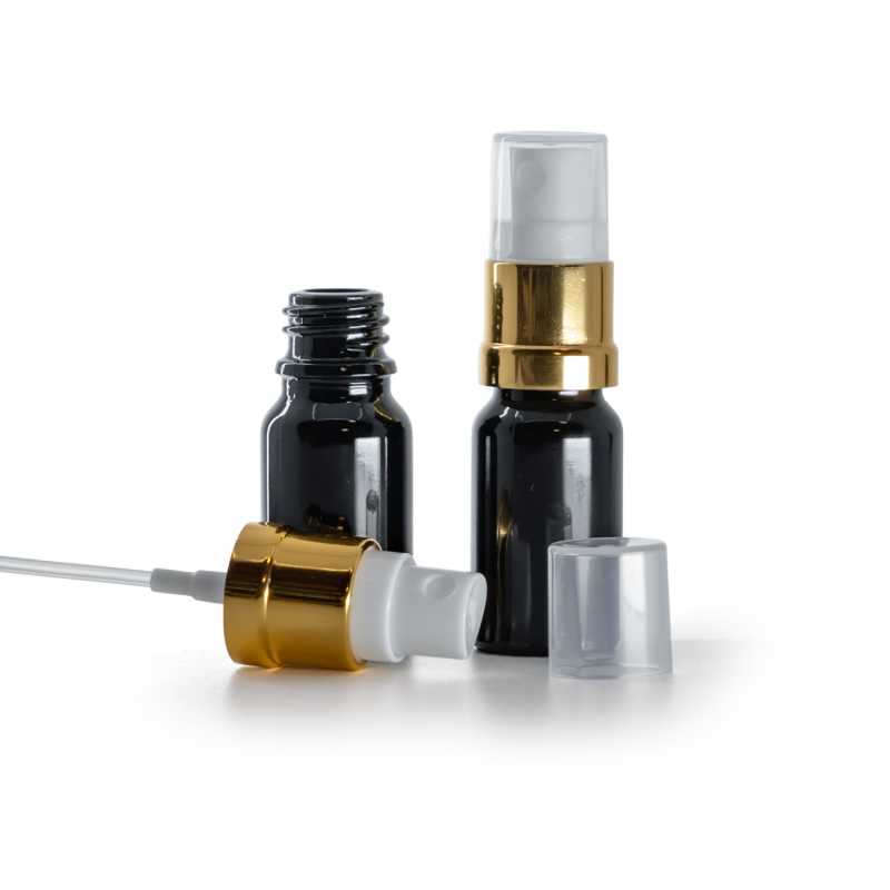 Glänzend schwarze Glasflasche, glänzend goldweißes Spray, 10 ml