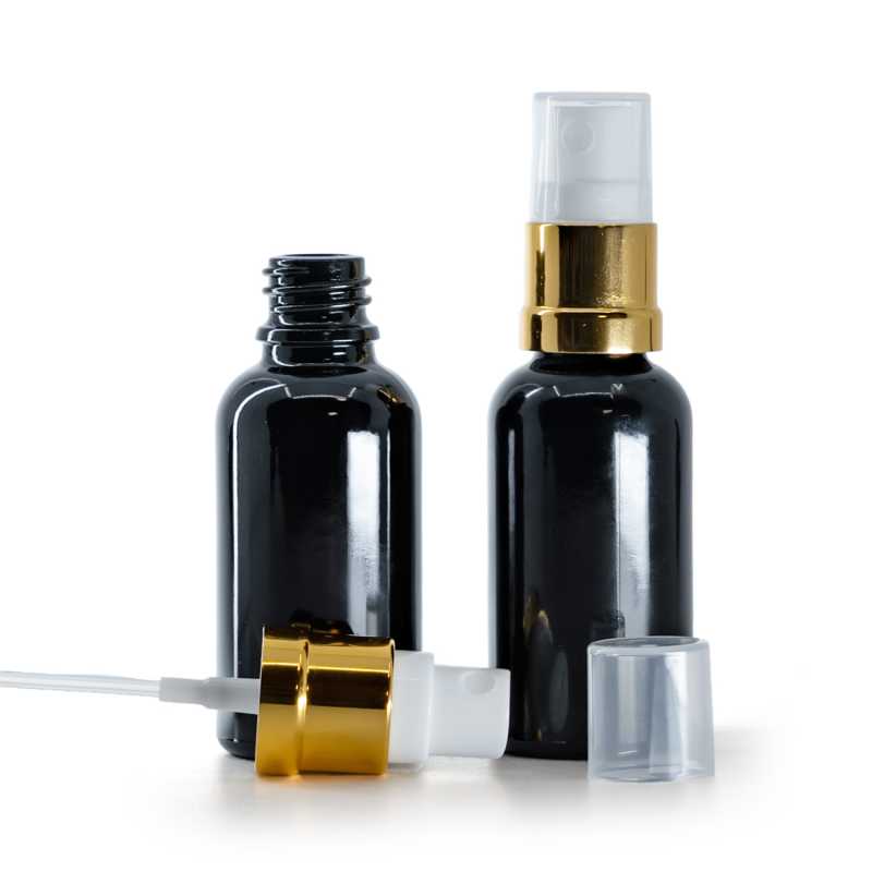 Glänzend schwarze Glasflasche, glänzend goldweißes Spray, 30 ml