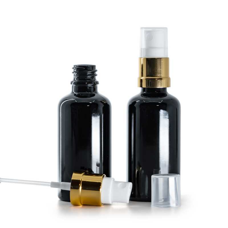 Glänzend schwarze Glasflasche, glänzend goldweißes Spray, 50 ml