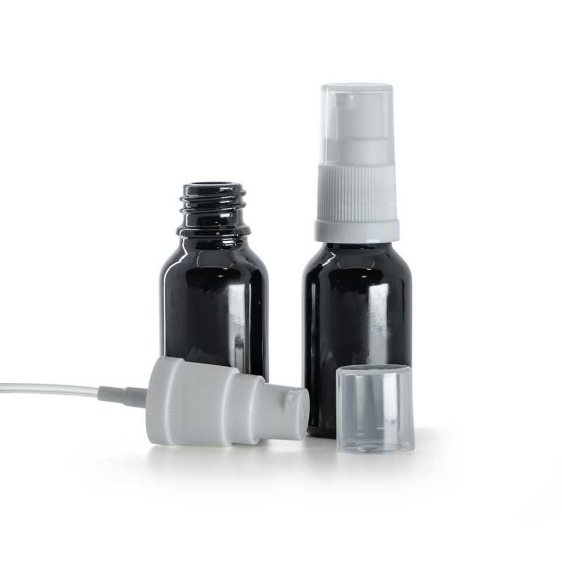  Schwarz glänzende Glasflasche, weiße Lotionpumpe, 15 ml