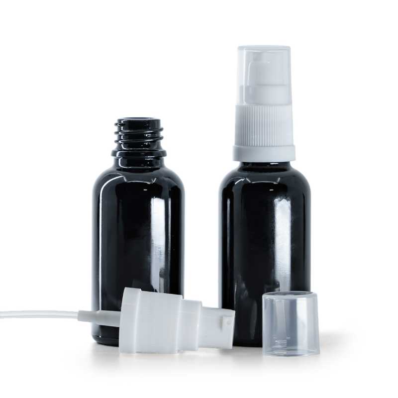 Glasflasche schwarz glänzend, weiße Pumpe, 30 ml